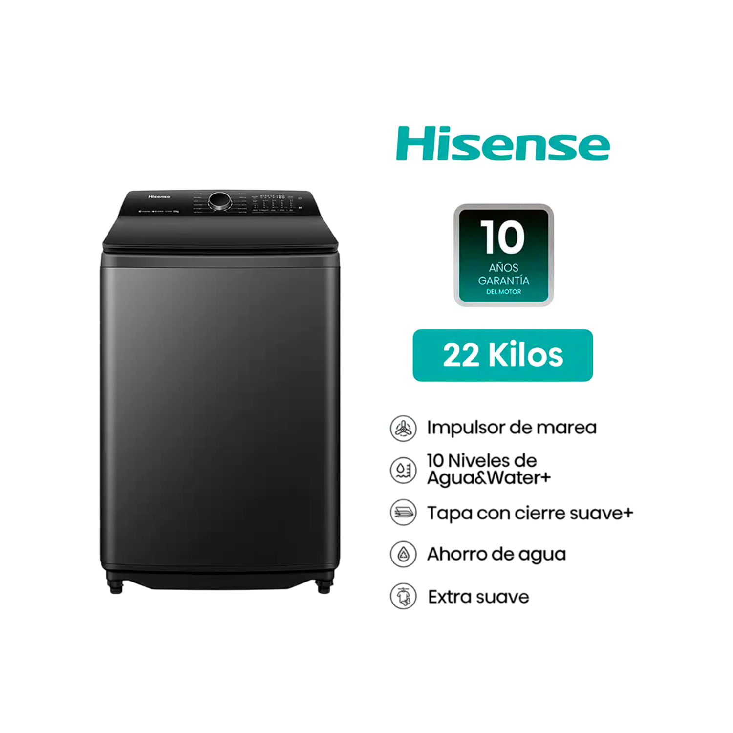 LAVADORA CARGA SUPERIOR 22KG COLOR NEGRA HISENSE